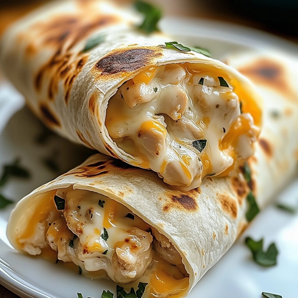 Cheesy Garlic Chicken Wraps filled with tender chicken, melted cheese, and creamy garlic sauce, wrapped in a golden tortilla, served fresh on a plate