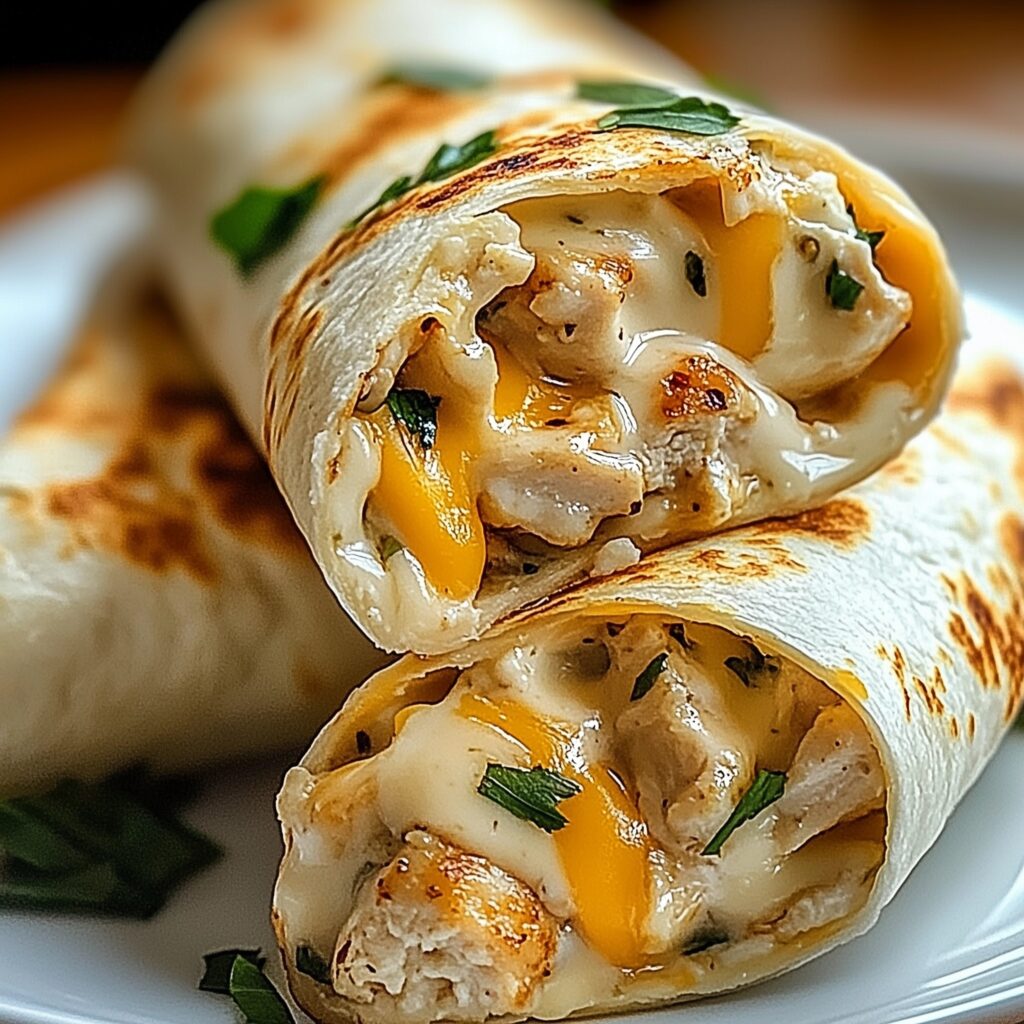 Cheesy Garlic Chicken Wraps filled with tender chicken, melted cheese, and creamy garlic sauce, wrapped in a golden tortilla, served fresh on a plate