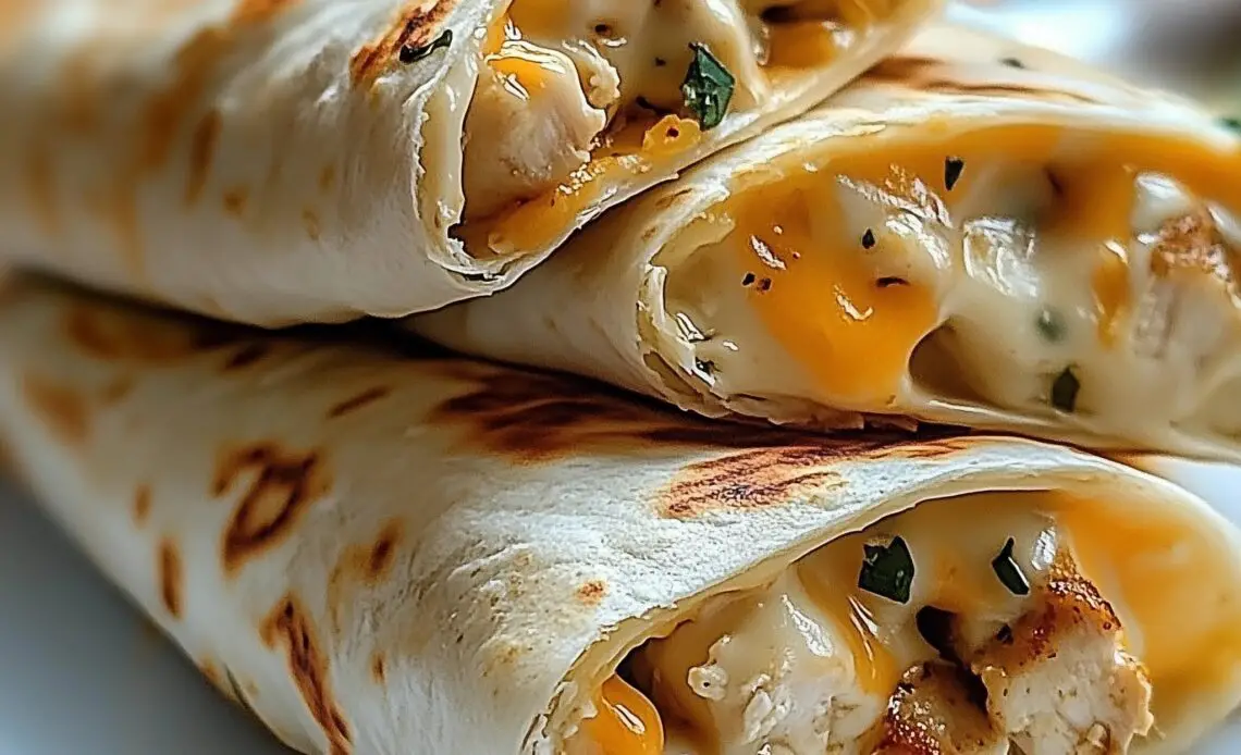 Cheesy Garlic Chicken Wraps filled with tender chicken, melted cheese, and creamy garlic sauce, wrapped in a golden tortilla, served fresh on a plate